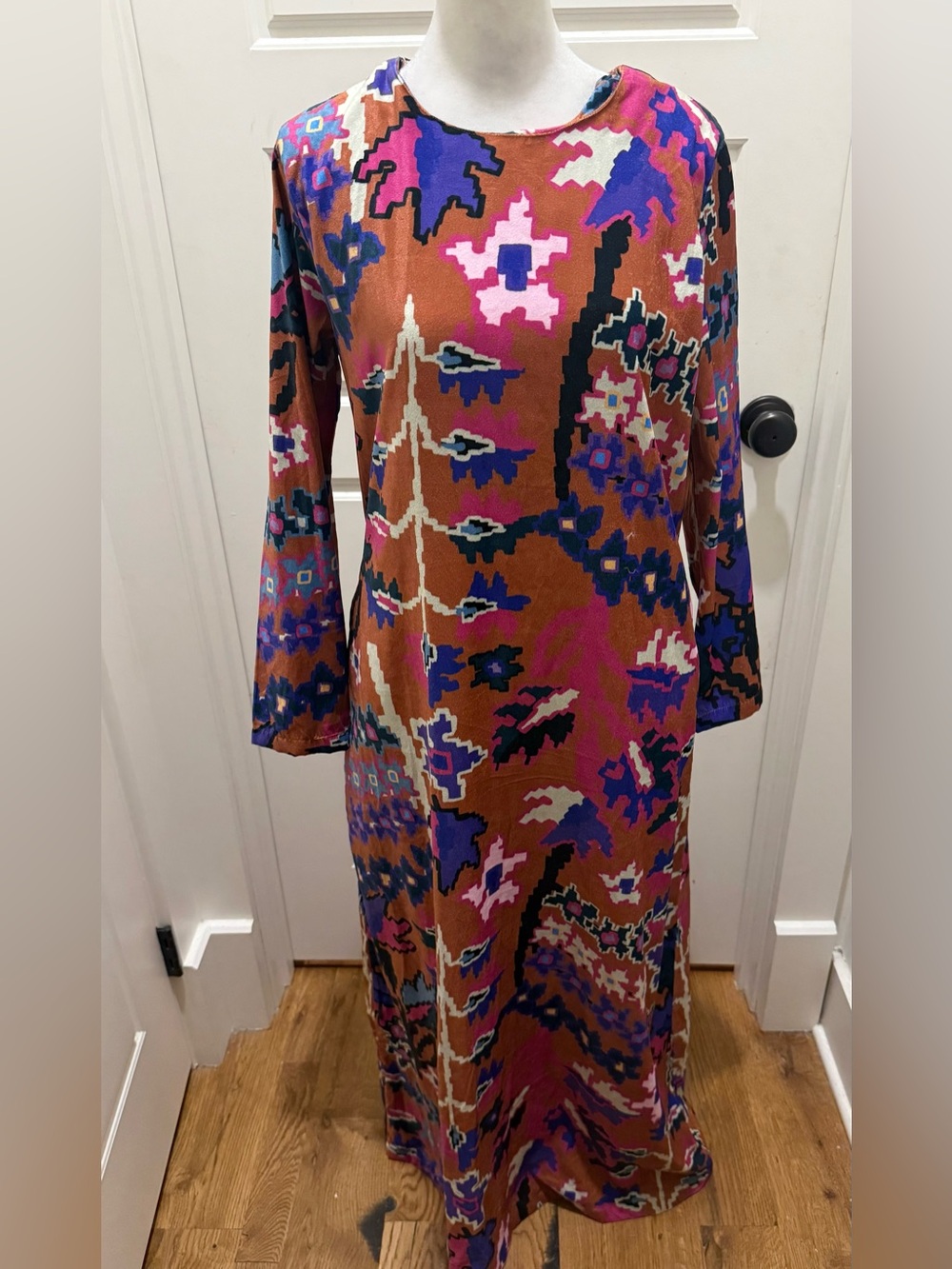 NWT. Oliphant. Bukhara Long-Sleeve Shift Maxi Dress. Red/Orange. Size Small.